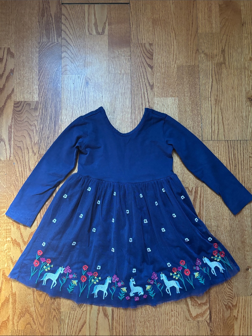 Hanna Andersson Navy Long-Sleeve Unicorn Embroidered Tulle Dress